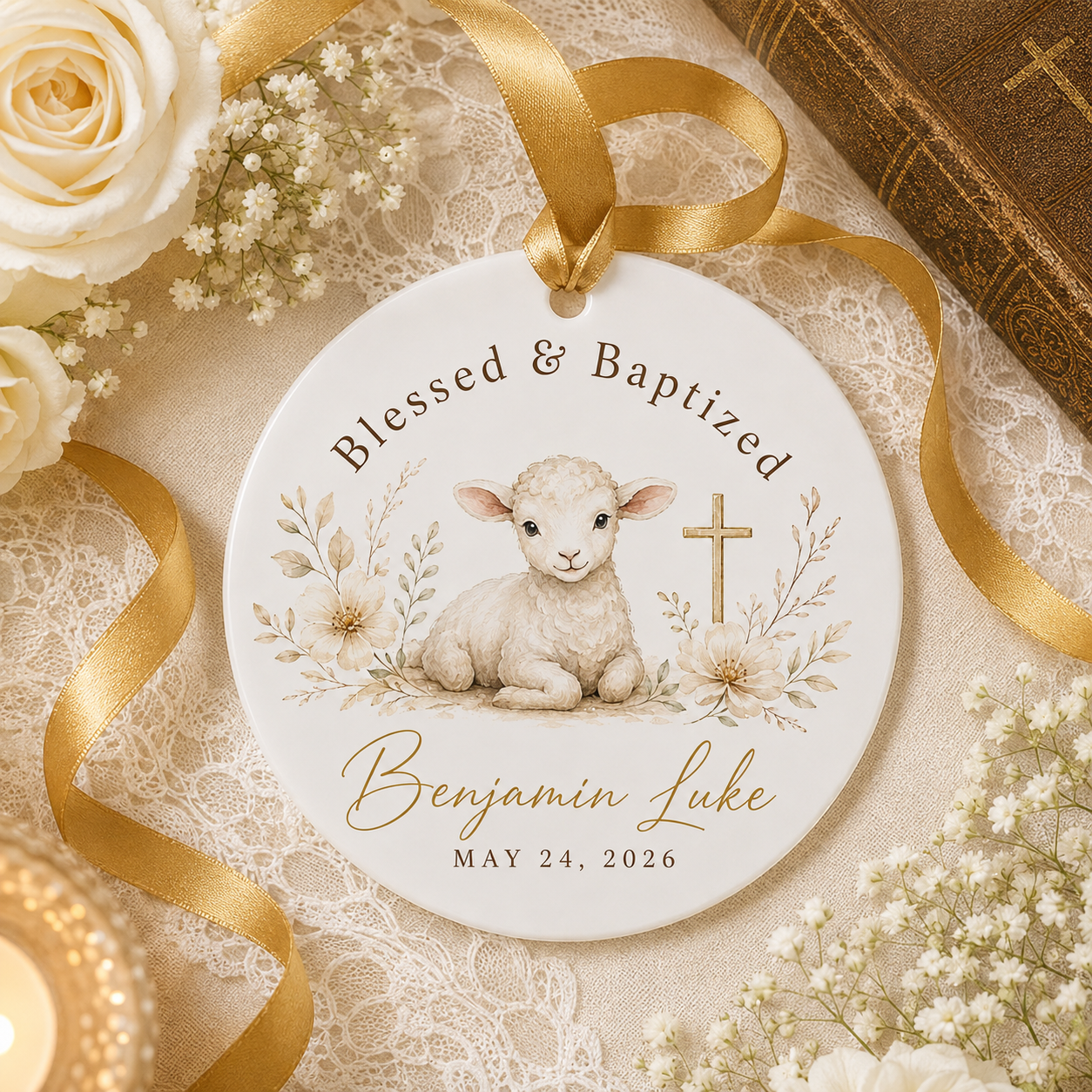 Personalized Lamb Baptism Ceramic Ornament – Custom Name & Date Christian Keepsake