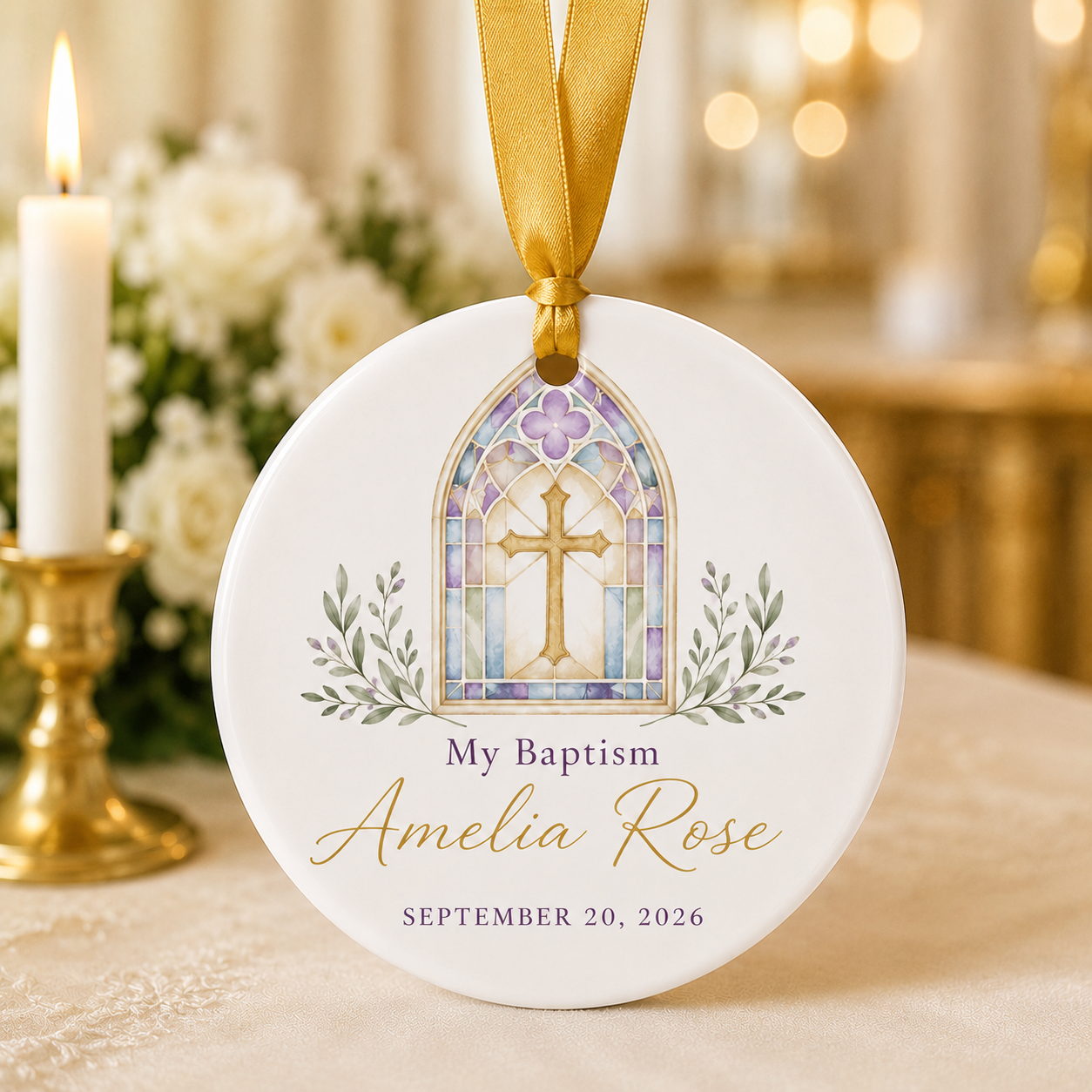 Personalized Baptism Ceramic Ornament – Custom Name & Date Stained Glass Cross Keepsake