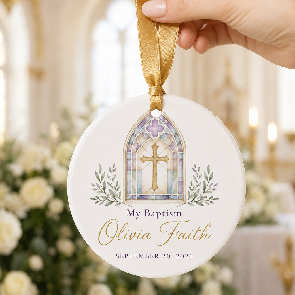 Personalized Baptism Ceramic Ornament – Custom Name & Date Stained Glass Cross Keepsake