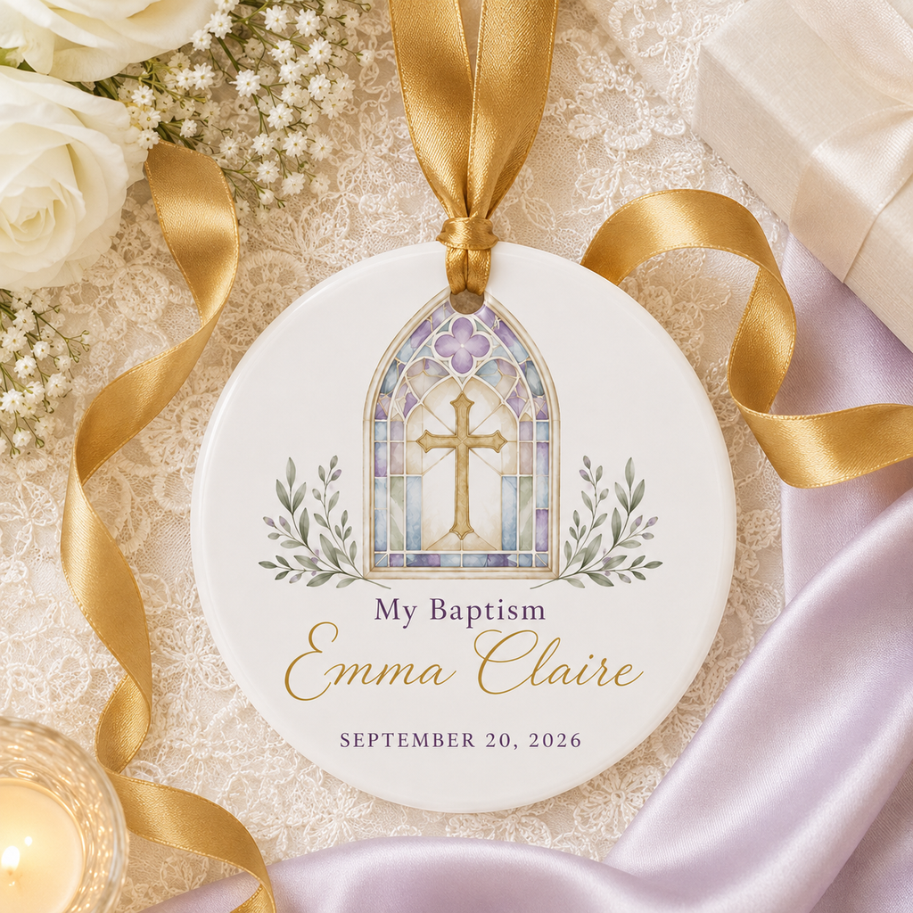Personalized Baptism Ceramic Ornament – Custom Name & Date Stained Glass Cross Keepsake