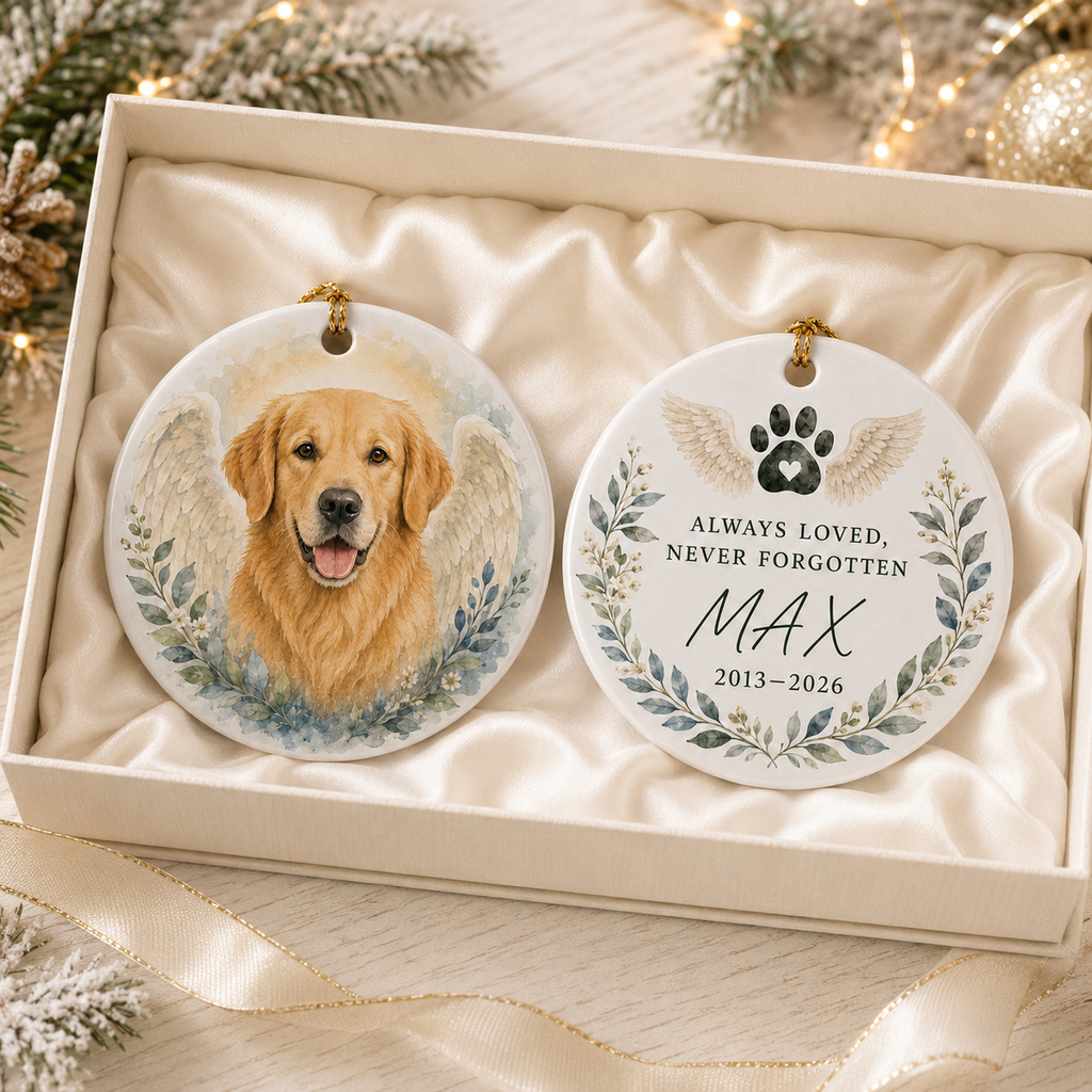 Personalized Angel Wings Pet Memorial Ceramic Ornament, Dog Christmas Keepsake, Dog Lover Gift, Pet Christmas Decor
