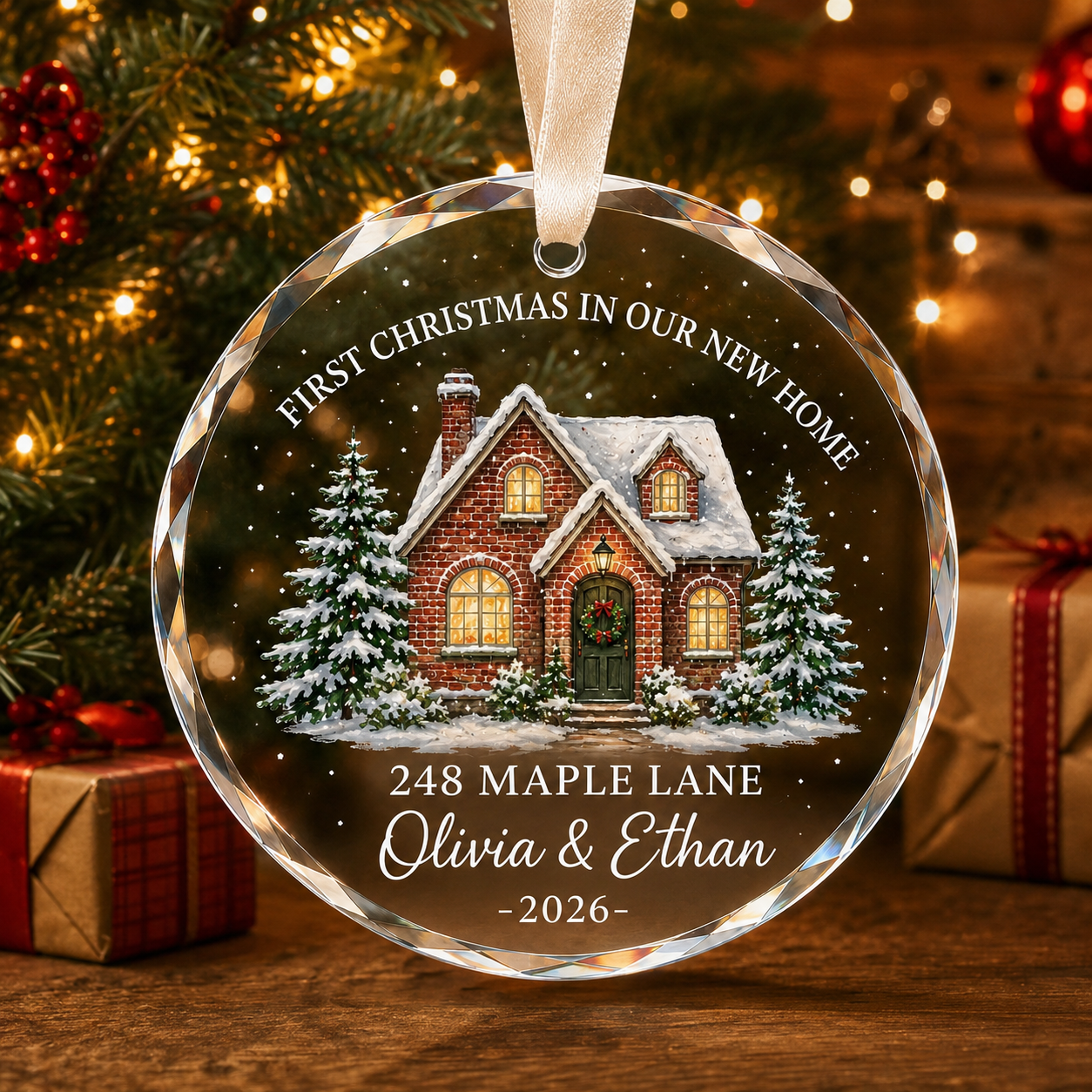 Personalized First Christmas in Our New Home Glass Ornament – Custom Address, Names & Year