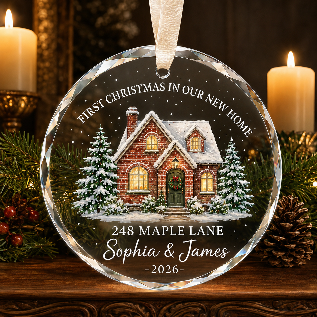 Personalized First Christmas in Our New Home Glass Ornament – Custom Address, Names & Year