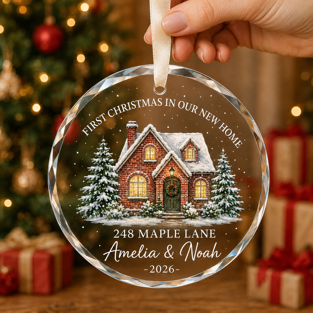 Personalized First Christmas in Our New Home Glass Ornament – Custom Address, Names & Year