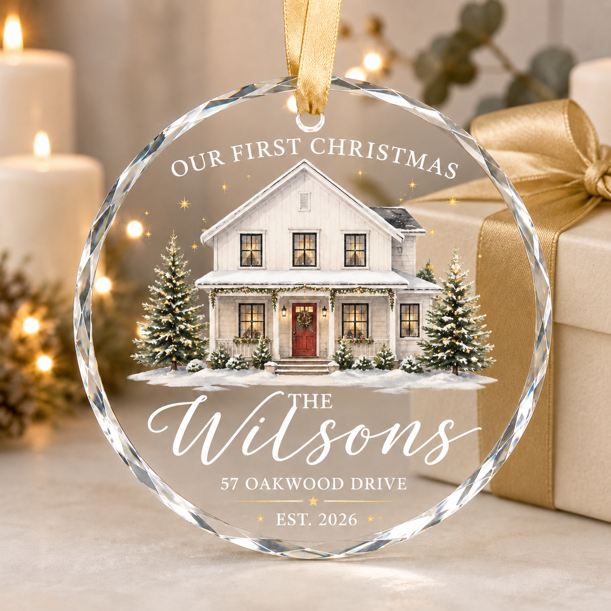 Personalized First Christmas in Our New Home Glass Ornament – Custom Family Name, Address & Year