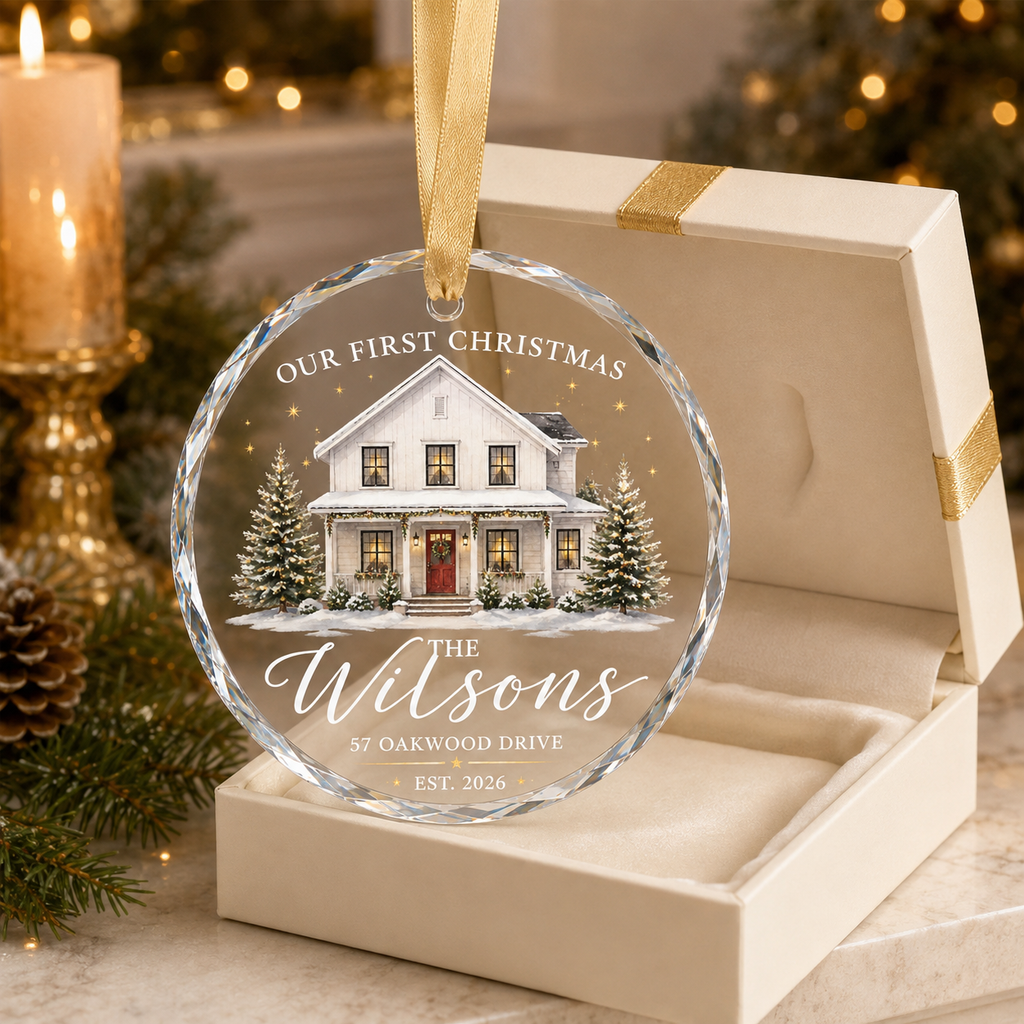 Personalized First Christmas in Our New Home Glass Ornament – Custom Family Name, Address & Year