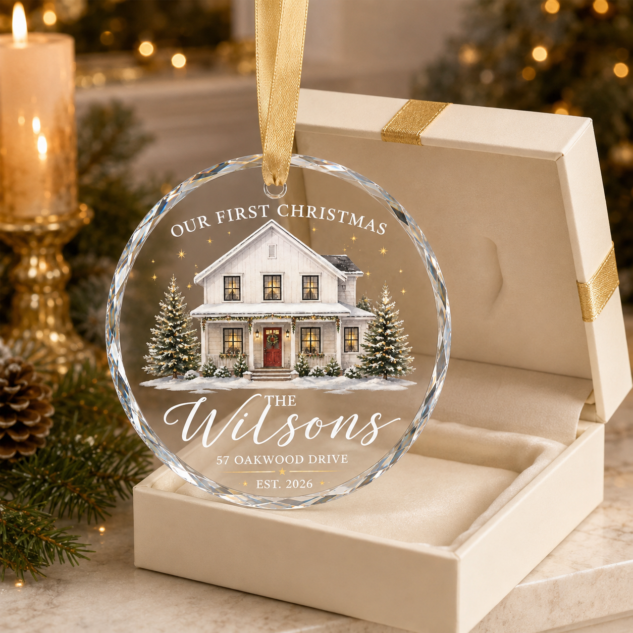 Personalized First Christmas in Our New Home Glass Ornament – Custom Family Name, Address & Year
