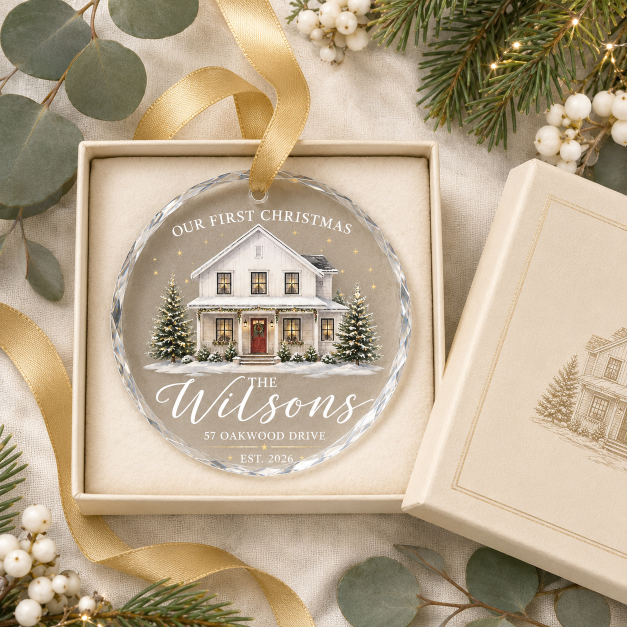 Personalized First Christmas in Our New Home Glass Ornament – Custom Family Name, Address & Year