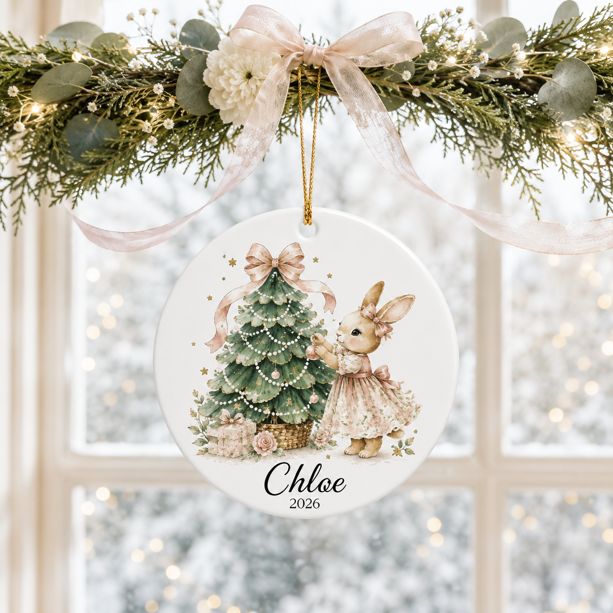 Personalized Girl Christmas Ornament, Custom Name Bunny Ceramic Ornament, Baby Girl First Christmas Gift, Keepsake Ornament 2026