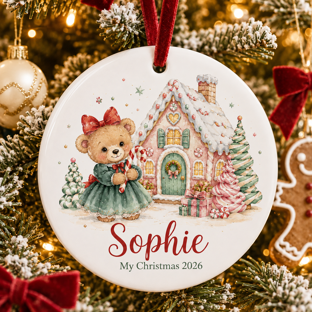 Personalized Girl Christmas Ornament, Custom Name Teddy Bear Ceramic Ornament, Gingerbread House Christmas Keepsake 2026