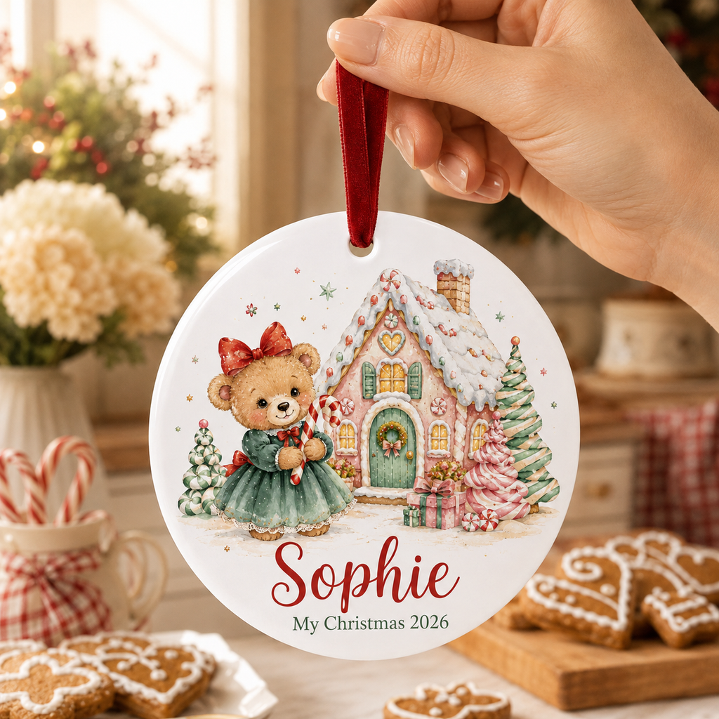 Personalized Girl Christmas Ornament, Custom Name Teddy Bear Ceramic Ornament, Gingerbread House Christmas Keepsake 2026