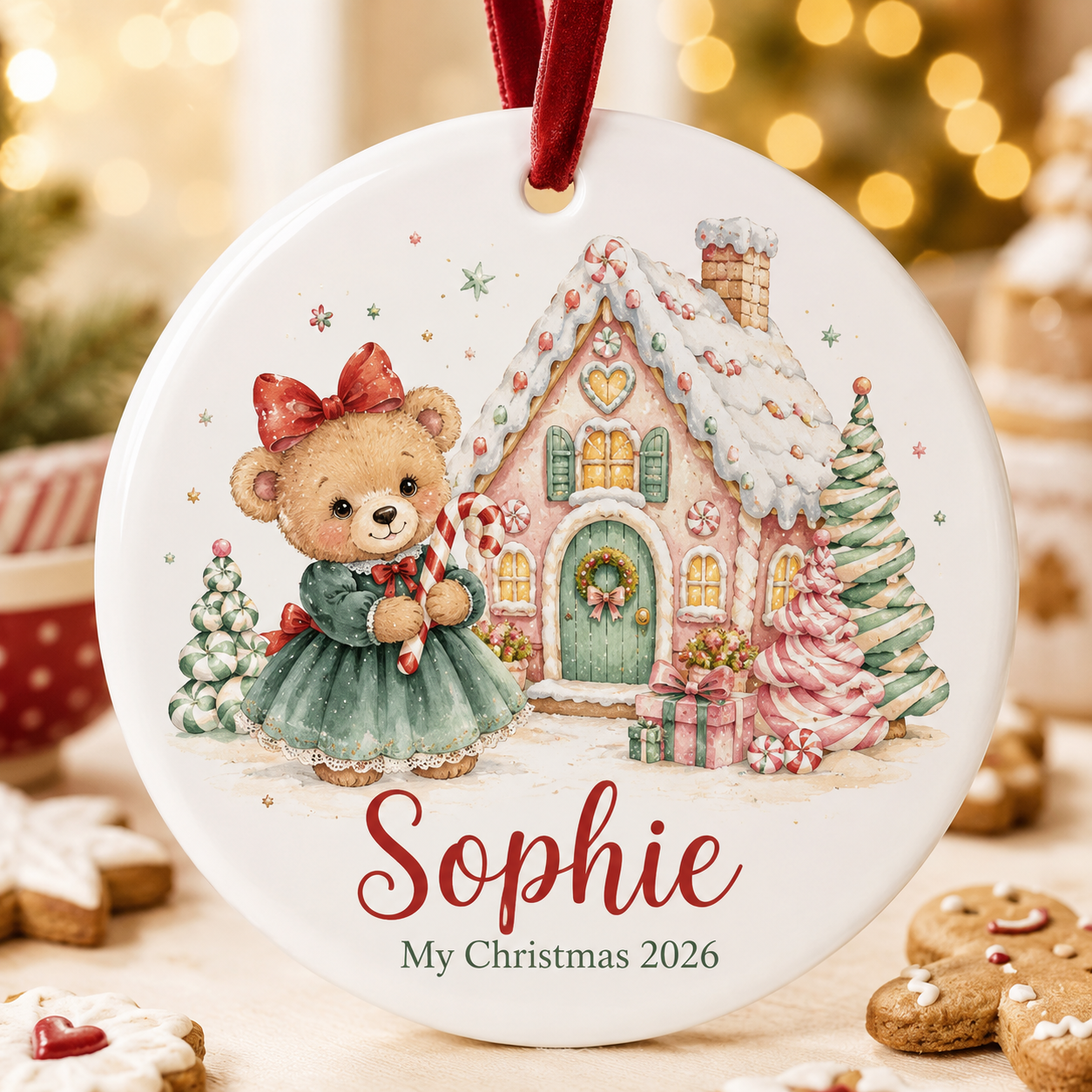 Personalized Girl Christmas Ornament, Custom Name Teddy Bear Ceramic Ornament, Gingerbread House Christmas Keepsake 2026