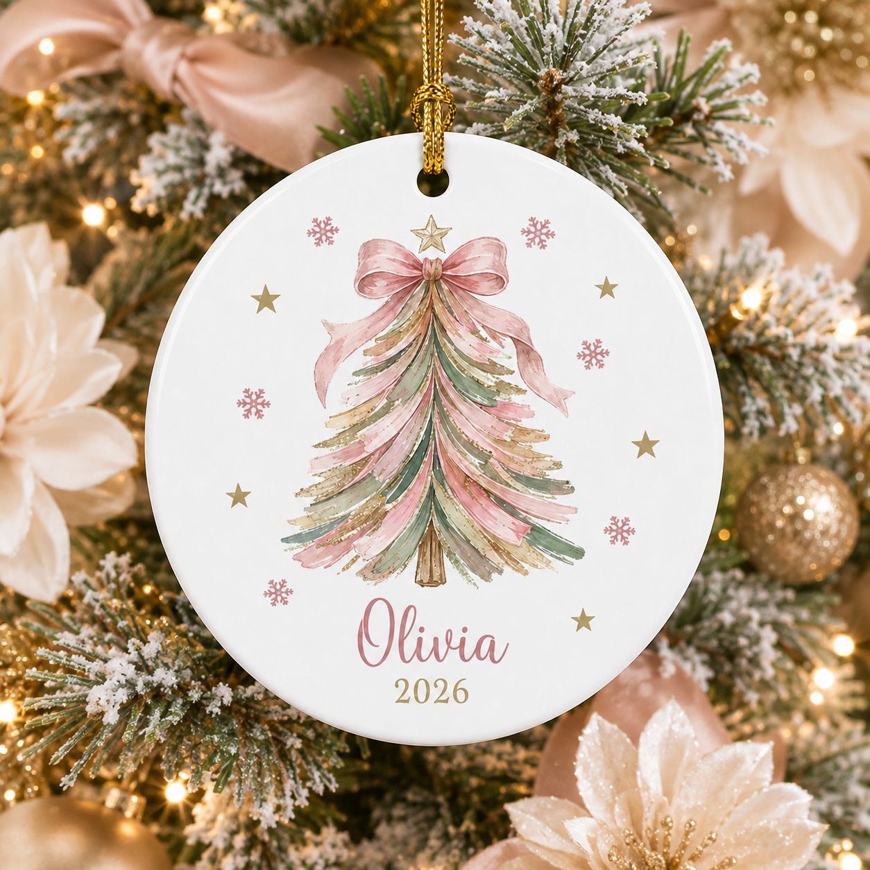 Personalized Pink Christmas Tree Ornament, Custom Name Coquette Ceramic Ornament, Pastel Christmas Keepsake, Girl Gift 2026