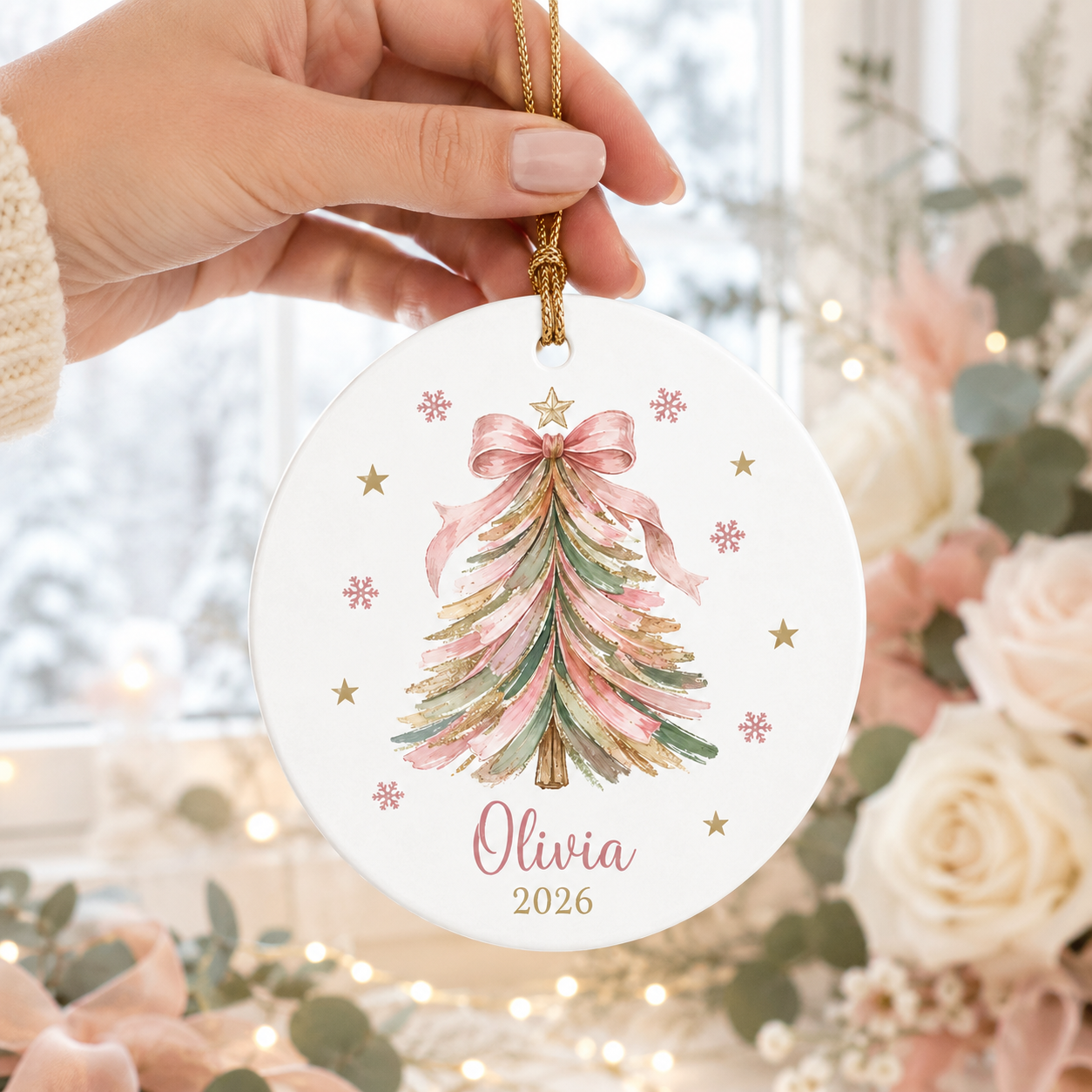 Personalized Pink Christmas Tree Ornament, Custom Name Coquette Ceramic Ornament, Pastel Christmas Keepsake, Girl Gift 2026