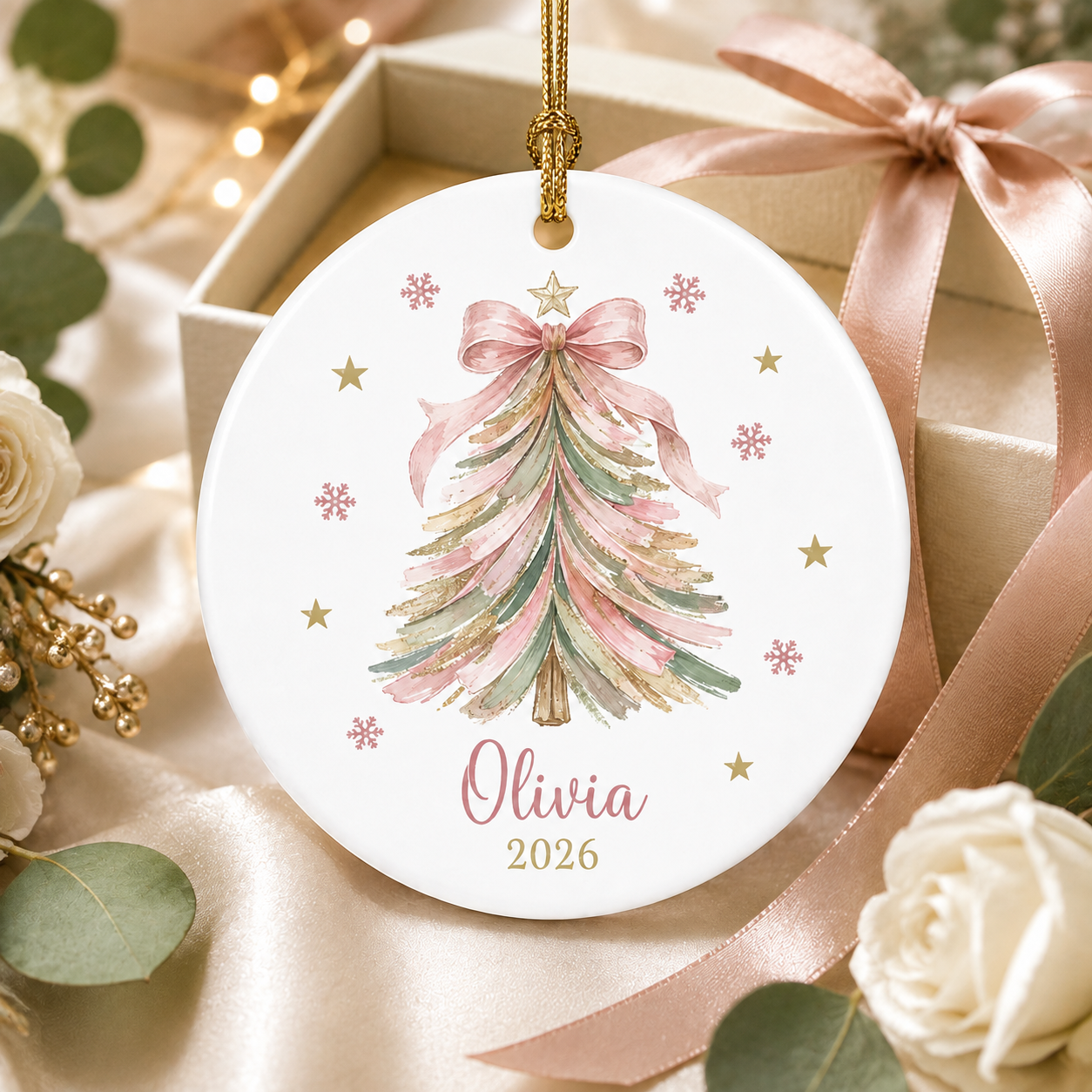 Personalized Pink Christmas Tree Ornament, Custom Name Coquette Ceramic Ornament, Pastel Christmas Keepsake, Girl Gift 2026