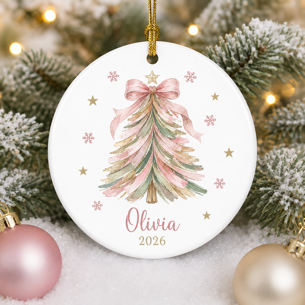 Personalized Pink Christmas Tree Ornament, Custom Name Coquette Ceramic Ornament, Pastel Christmas Keepsake, Girl Gift 2026