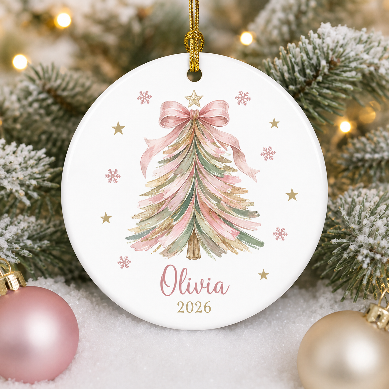 Personalized Pink Christmas Tree Ornament, Custom Name Coquette Ceramic Ornament, Pastel Christmas Keepsake, Girl Gift 2026