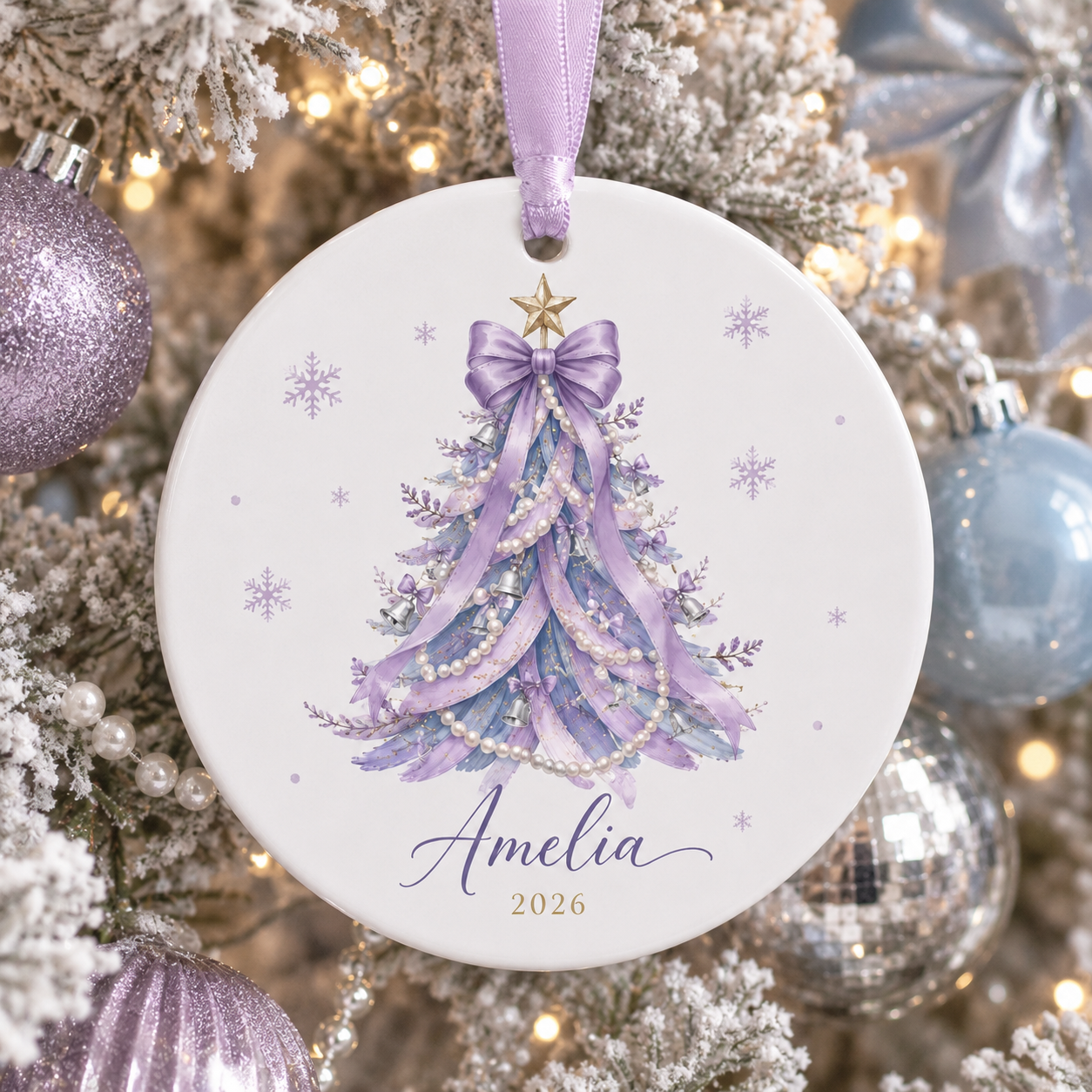 Personalized Purple Christmas Tree Ornament, Custom Name Coquette Ceramic Ornament, Lavender Girl Christmas Keepsake 2026