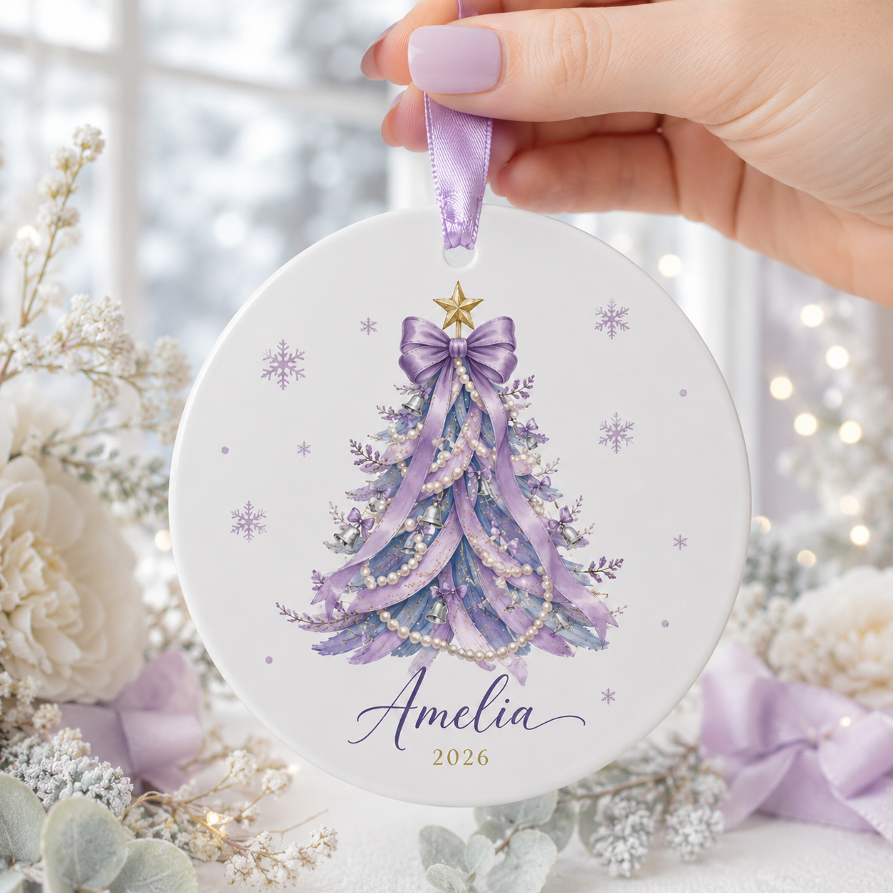 Personalized Purple Christmas Tree Ornament, Custom Name Coquette Ceramic Ornament, Lavender Girl Christmas Keepsake 2026
