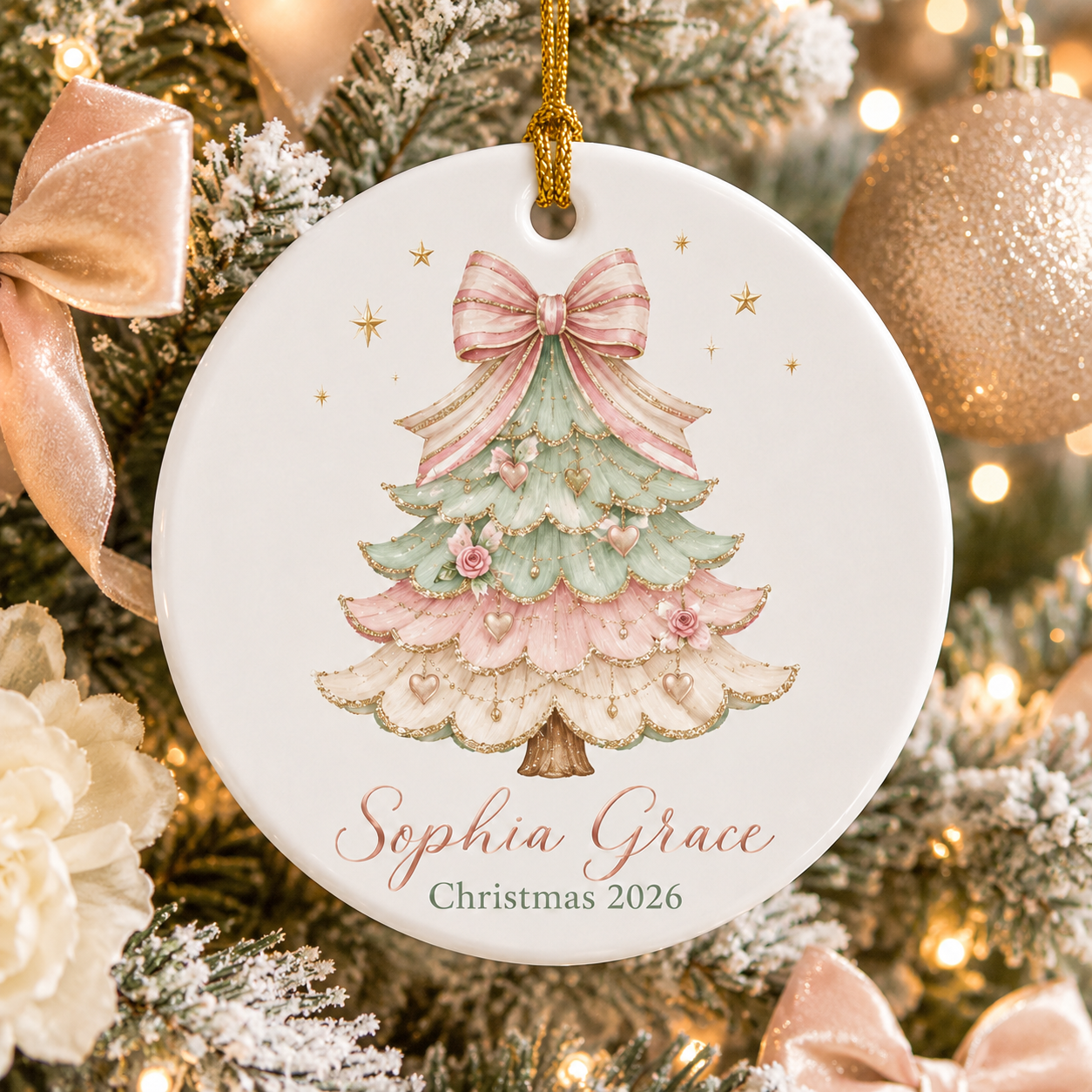 Personalized Coquette Christmas Ornament, Custom Name Pink Bow Christmas Tree Ceramic Ornament, Girl Keepsake Gift 2026