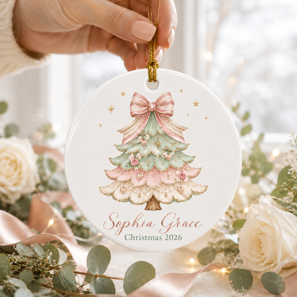Personalized Coquette Christmas Ornament, Custom Name Pink Bow Christmas Tree Ceramic Ornament, Girl Keepsake Gift 2026