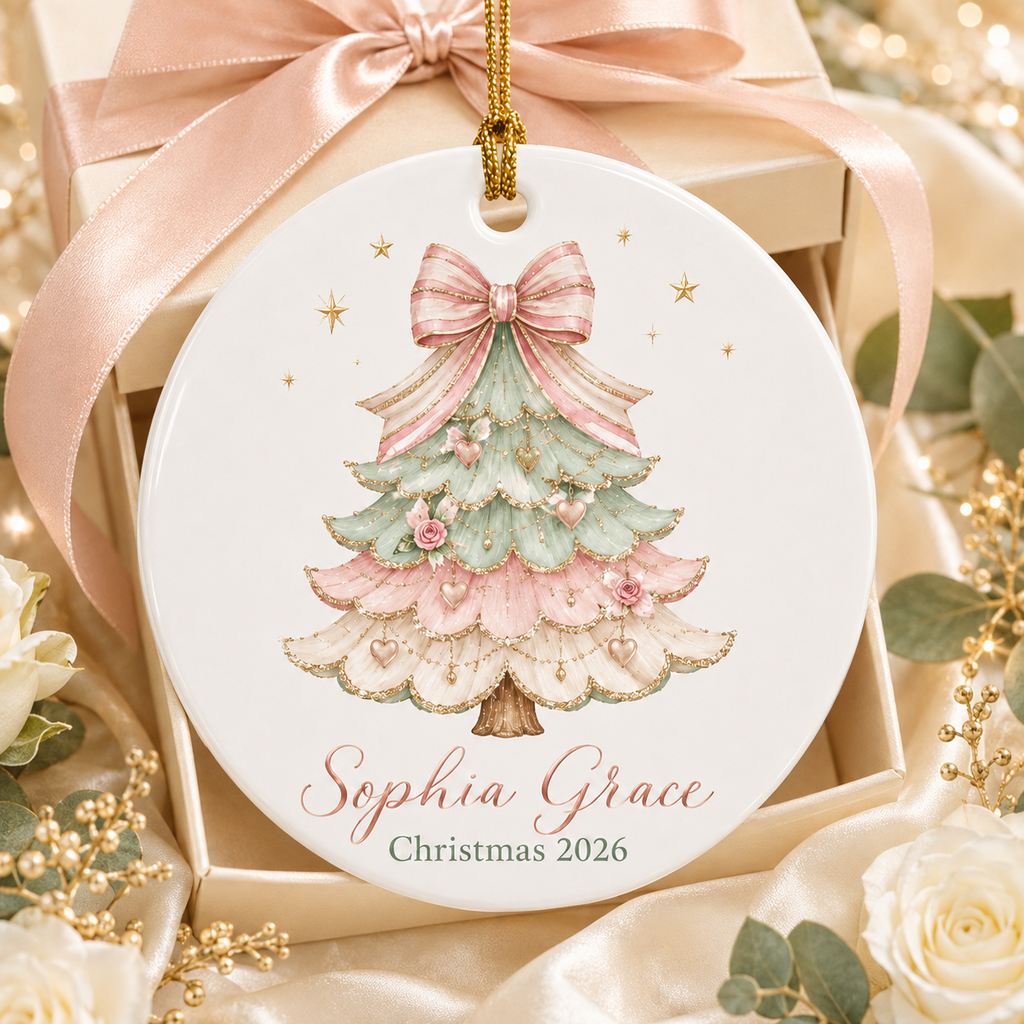 Personalized Coquette Christmas Ornament, Custom Name Pink Bow Christmas Tree Ceramic Ornament, Girl Keepsake Gift 2026