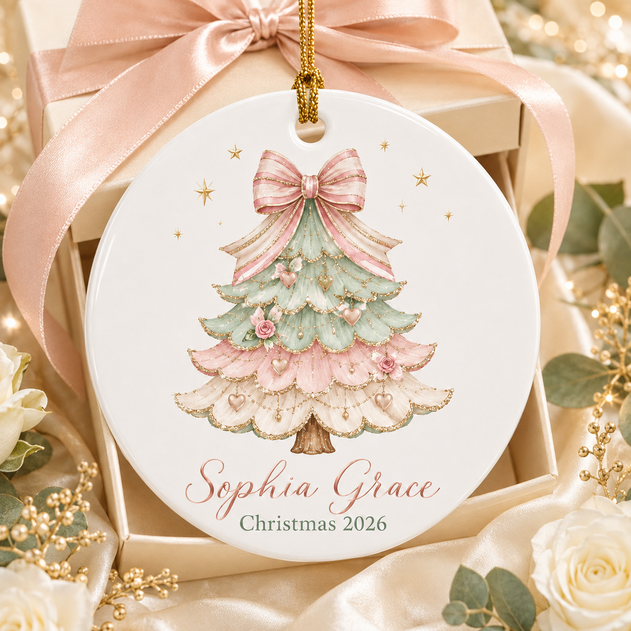 Personalized Coquette Christmas Ornament, Custom Name Pink Bow Christmas Tree Ceramic Ornament, Girl Keepsake Gift 2026