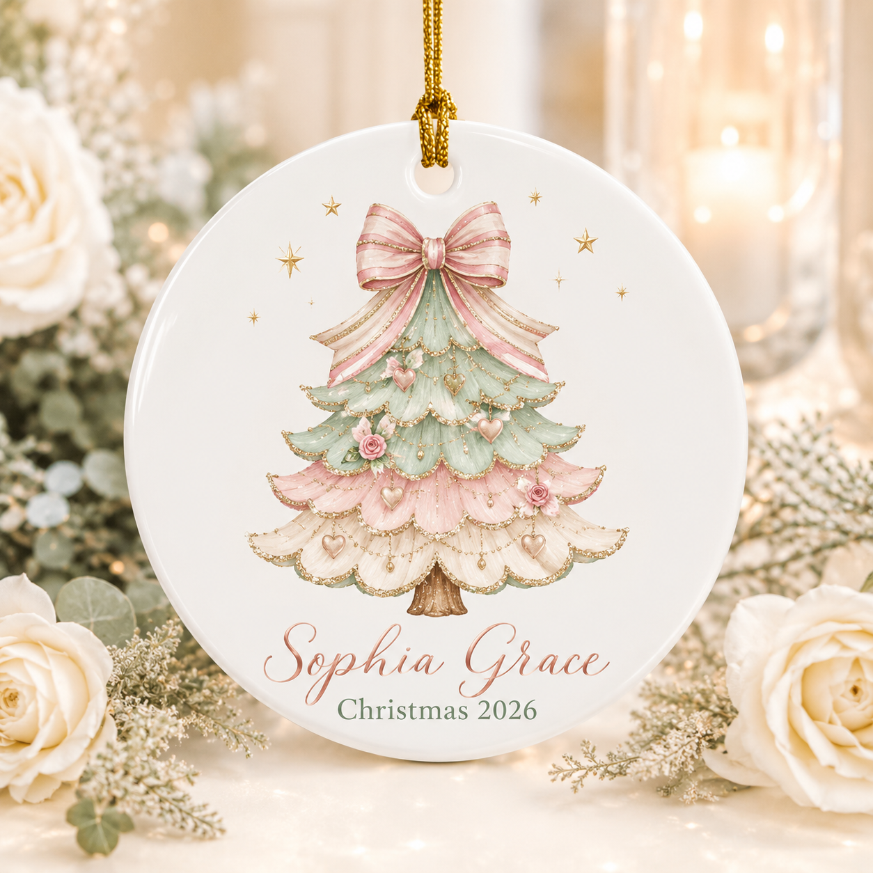 Personalized Coquette Christmas Ornament, Custom Name Pink Bow Christmas Tree Ceramic Ornament, Girl Keepsake Gift 2026