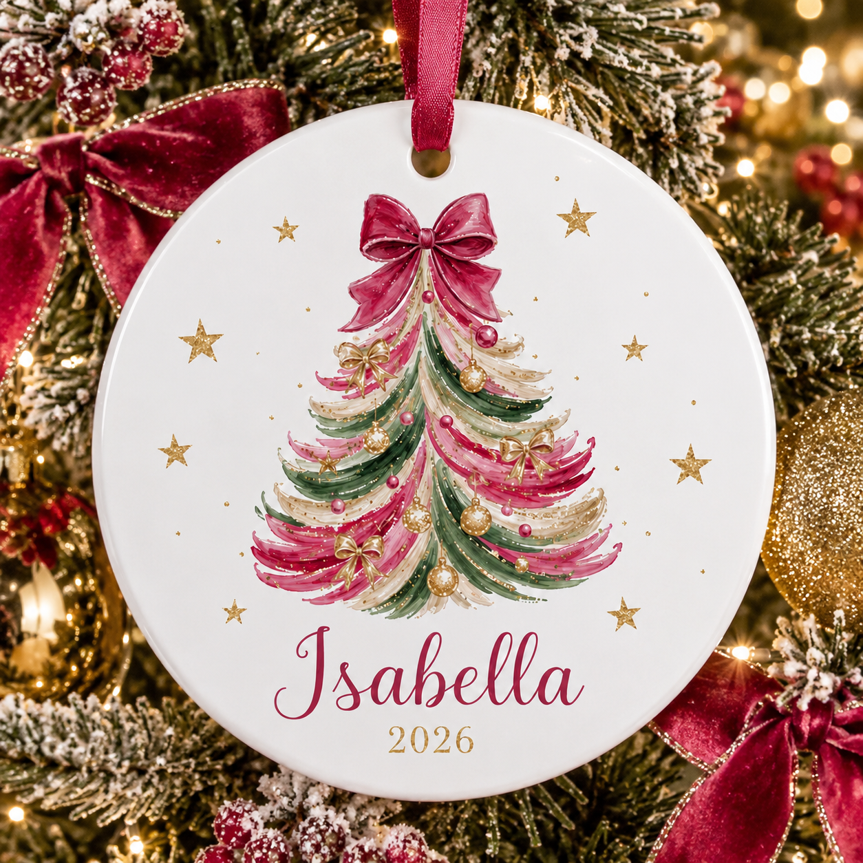 Personalized Christmas Tree Ornament, Custom Name Red Bow Coquette Ceramic Ornament, Girl Christmas Keepsake Gift 2026
