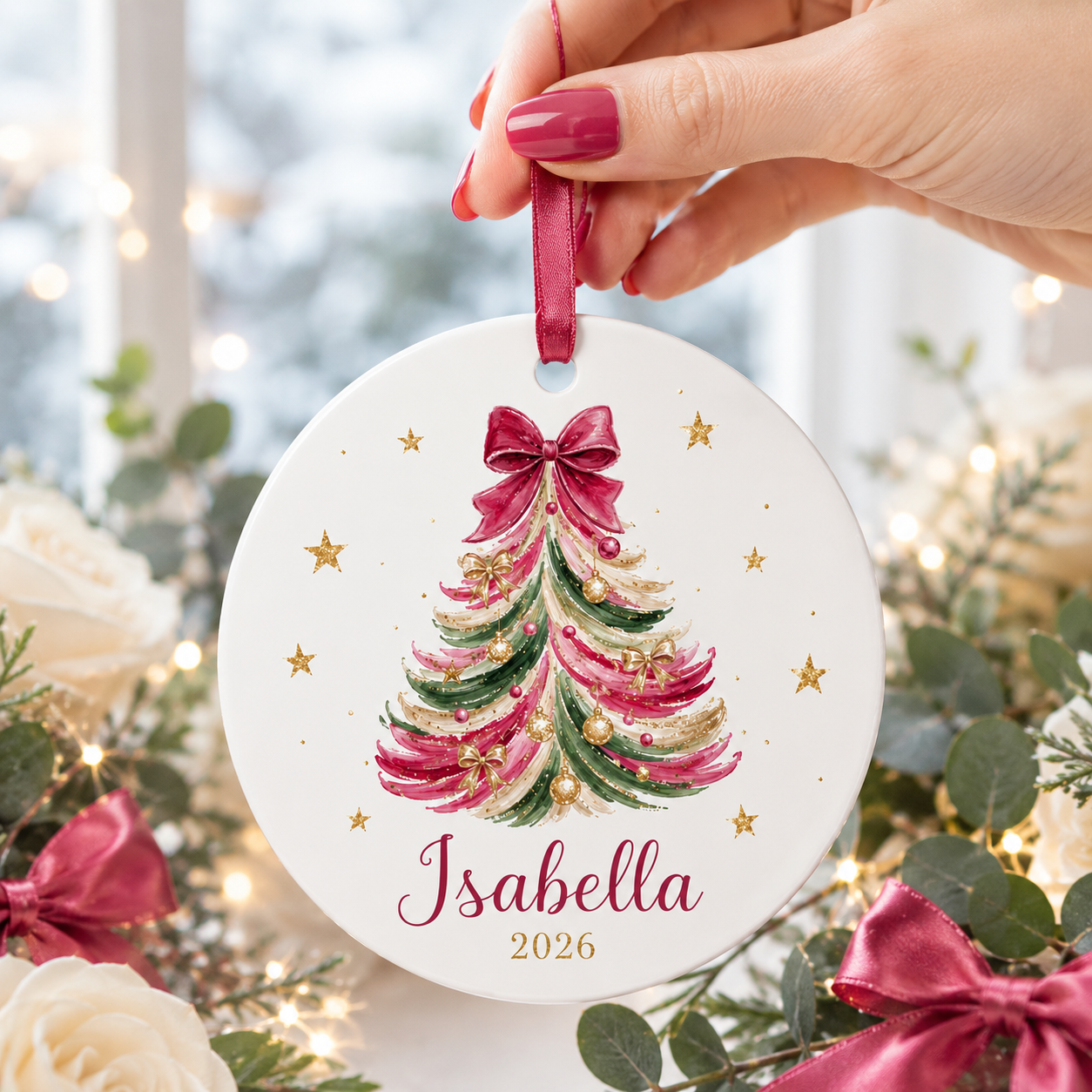 Personalized Christmas Tree Ornament, Custom Name Red Bow Coquette Ceramic Ornament, Girl Christmas Keepsake Gift 2026