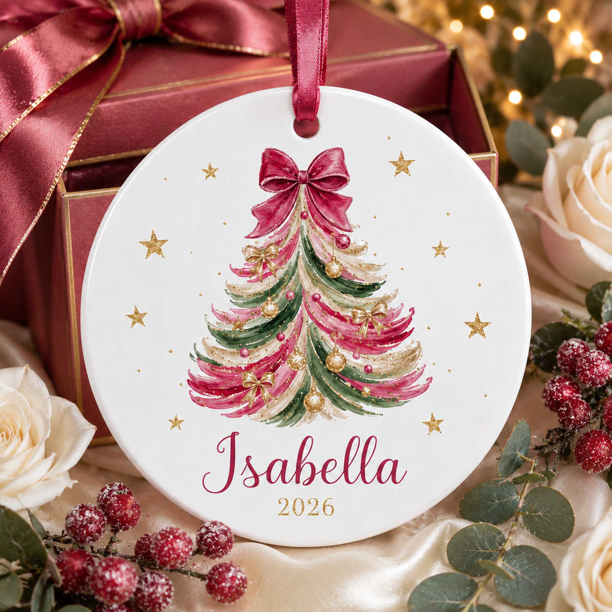 Personalized Christmas Tree Ornament, Custom Name Red Bow Coquette Ceramic Ornament, Girl Christmas Keepsake Gift 2026