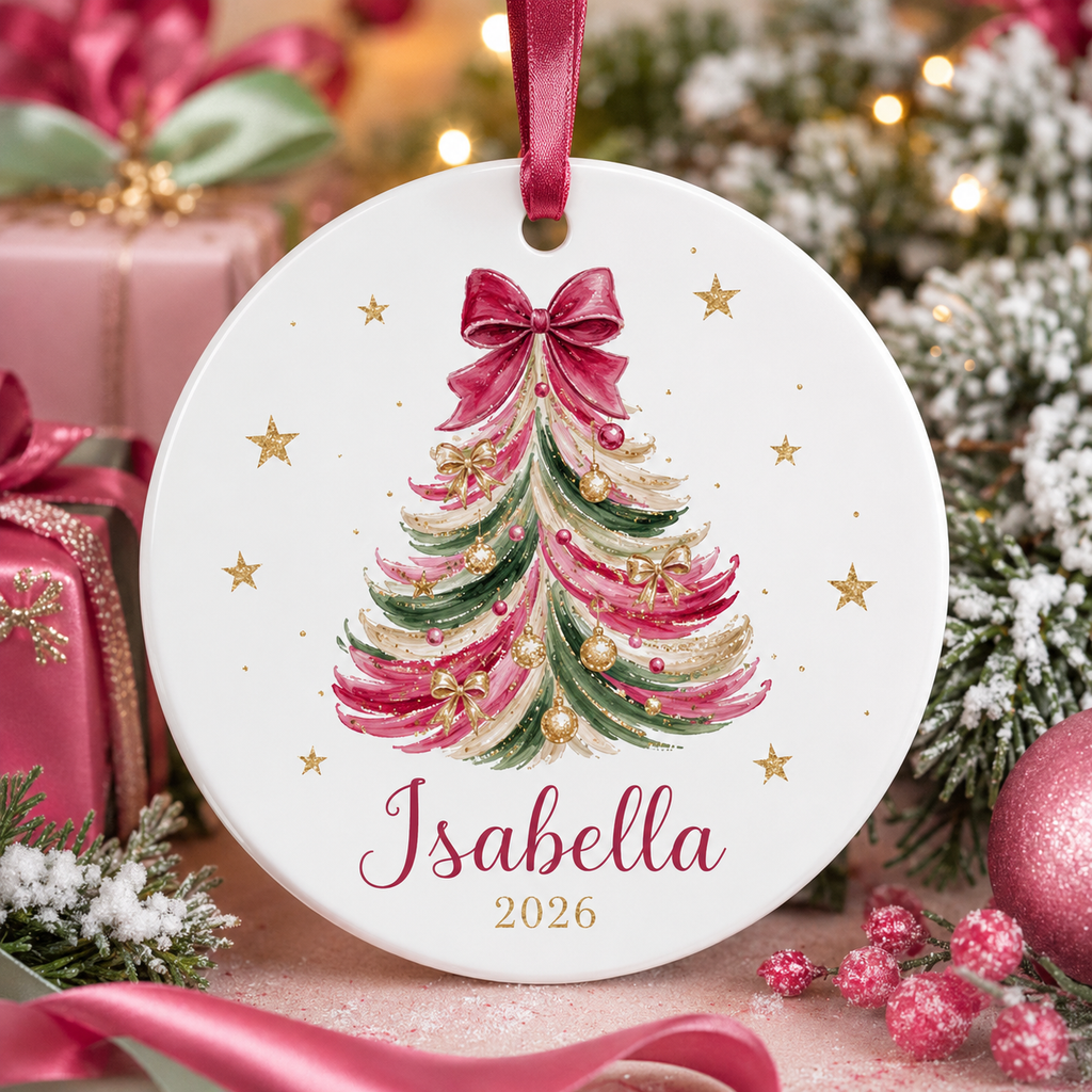 Personalized Christmas Tree Ornament, Custom Name Red Bow Coquette Ceramic Ornament, Girl Christmas Keepsake Gift 2026