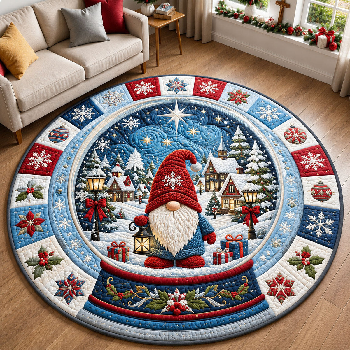 Christmas Gnome Snow Globe Round Mat Rug - Seasonal Design | Festive Home Decor