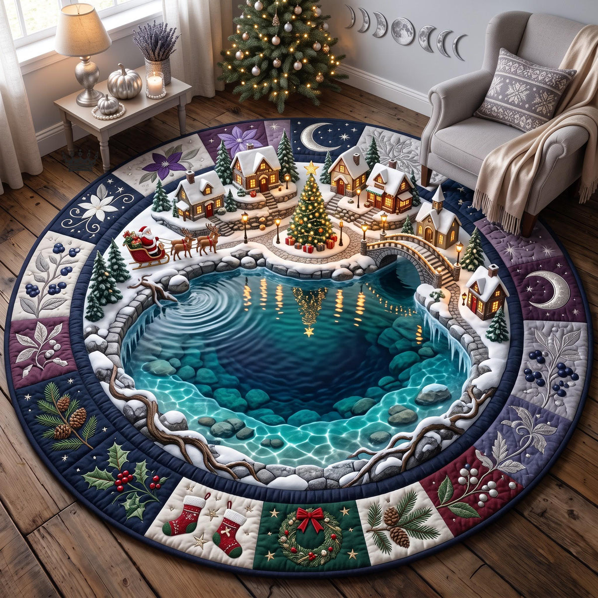 Christmas Pond Round Mat Rug - Seasonal Design | Festive Home Decor