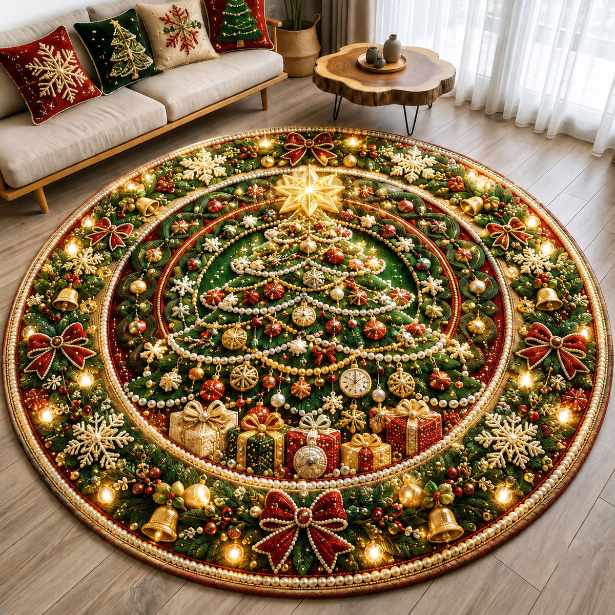 Christmas Tree Magic Round Mat Rug - Seasonal Design | Festive Home Decor