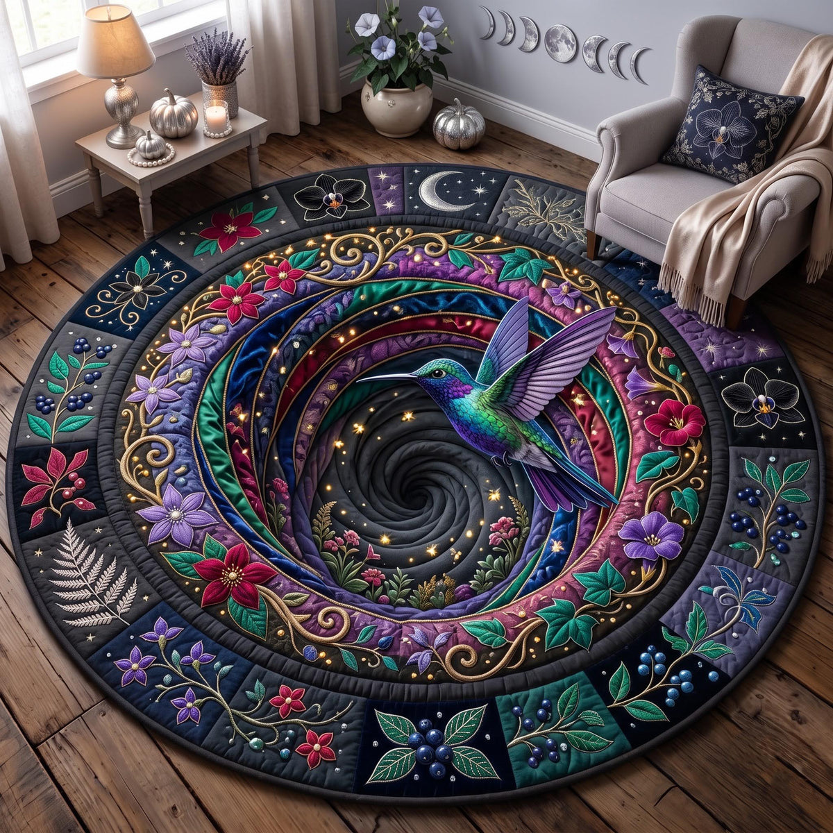 Cosmic Hummingbird Round Mat Rug - Cute Animal Design | Charming Home Decor