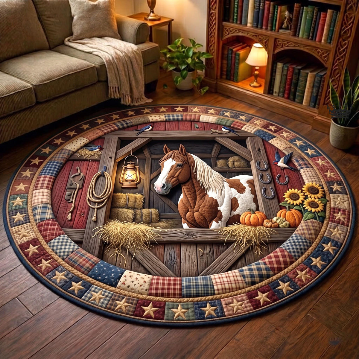 Paint Horse Barn Stall Round Mat Rug - Non-Slip Washable Round Rug for Bedroom & Nursery
