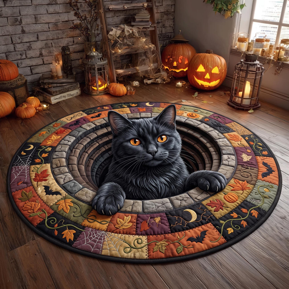 Black Cat Stone Well Round Mat Rug - Non-Slip Washable Round Rug for Bedroom & Nursery