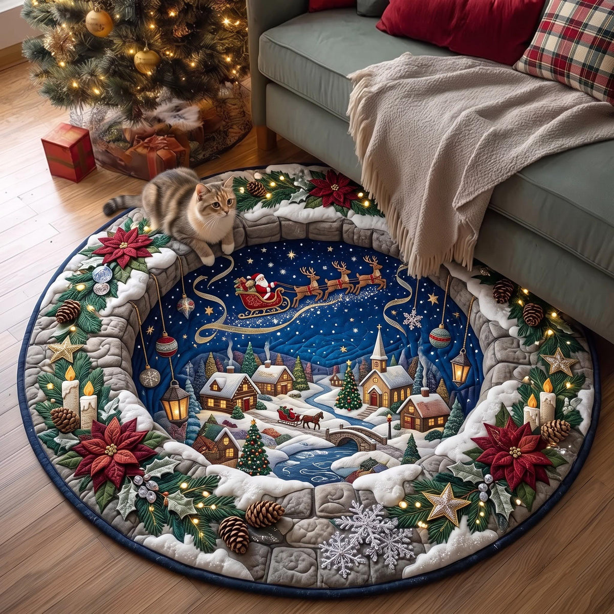 Christmas Village Snow Well Round Mat Rug - Non-Slip Washable Round Rug for Bedroom & Nursery
