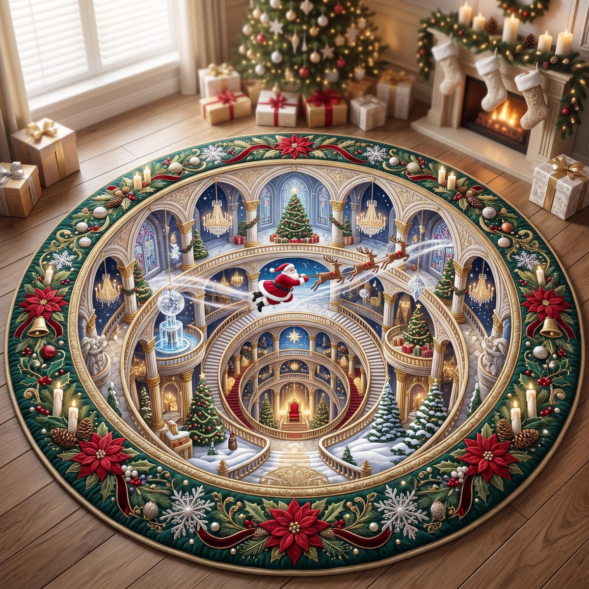 Winter Palace Christmas Hall Round Mat Rug - Non-Slip Washable Round Rug for Bedroom & Nursery