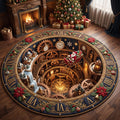 Golden Gear Clockwork Christmas Round Mat Rug - Non-Slip Washable Round Rug for Bedroom & Nursery
