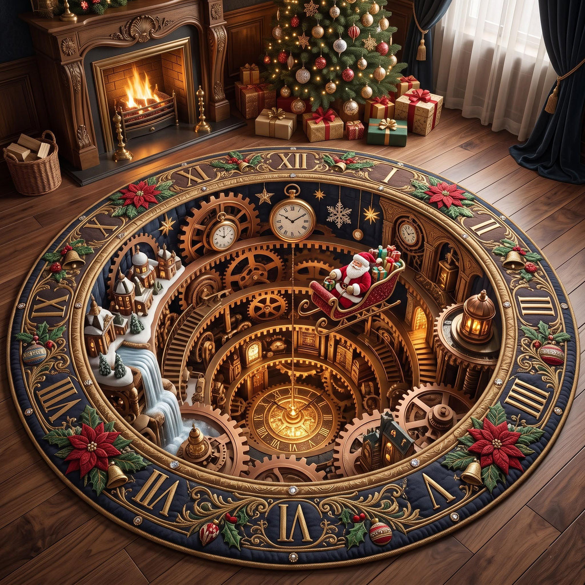 Golden Gear Clockwork Christmas Round Mat Rug - Non-Slip Washable Round Rug for Bedroom & Nursery