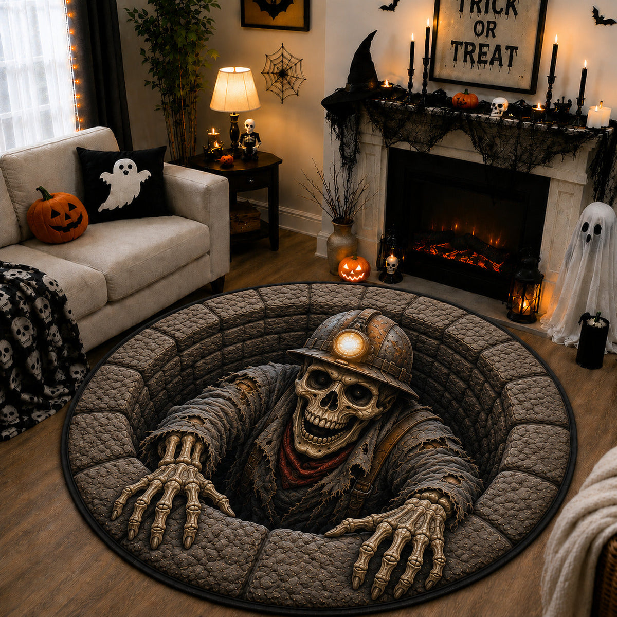 Skeleton Miner Helmet Lamp Round Mat Rug - Non-Slip Washable Round Rug for Bedroom & Nursery