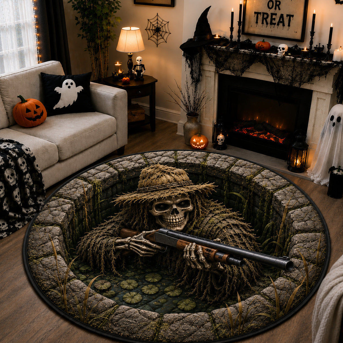 Scarecrow Skeleton Shotgun Round Mat Rug - Non-Slip Washable Round Rug for Bedroom & Nursery