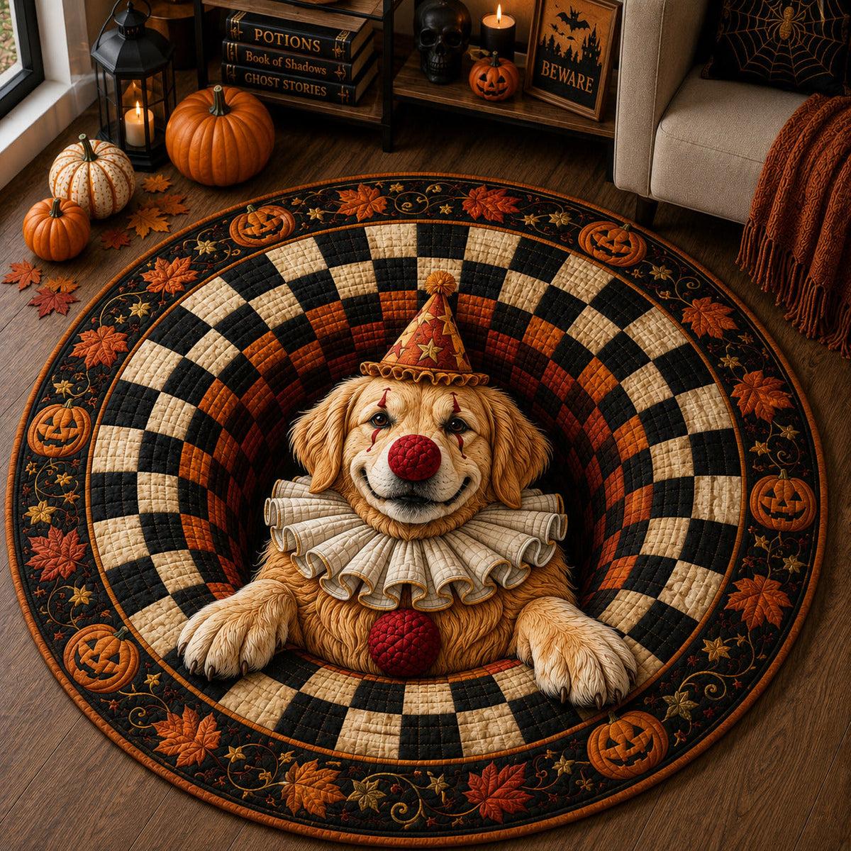 Autumn Circus Golden Retriever Round Mat Rug - Non-Slip Washable Round Rug for Bedroom & Nursery