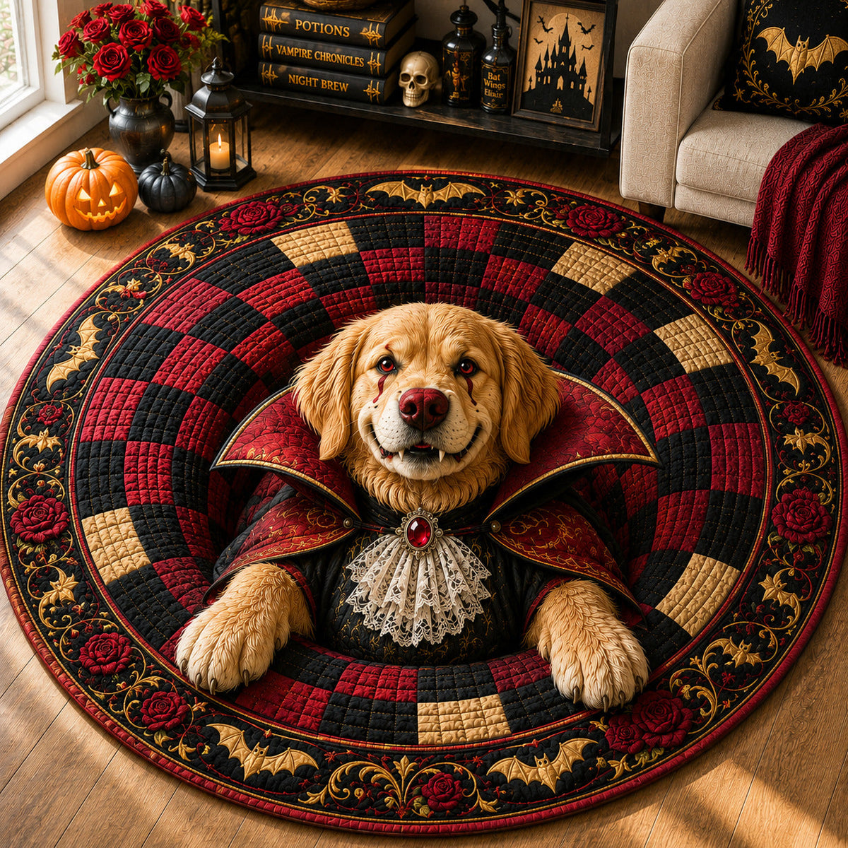 Vampire Cape Golden Retriever Round Mat Rug - Non-Slip Washable Round Rug for Bedroom & Nursery