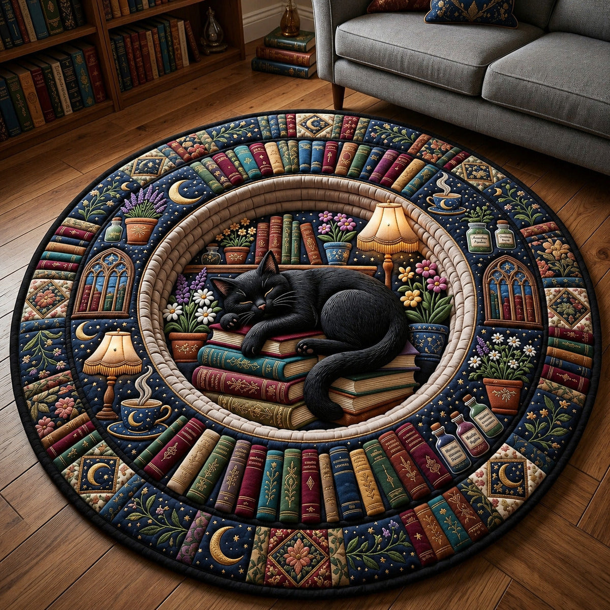 Sleeping Black Cat Library Round Mat Rug - Non-Slip Washable Round Rug for Bedroom & Nursery