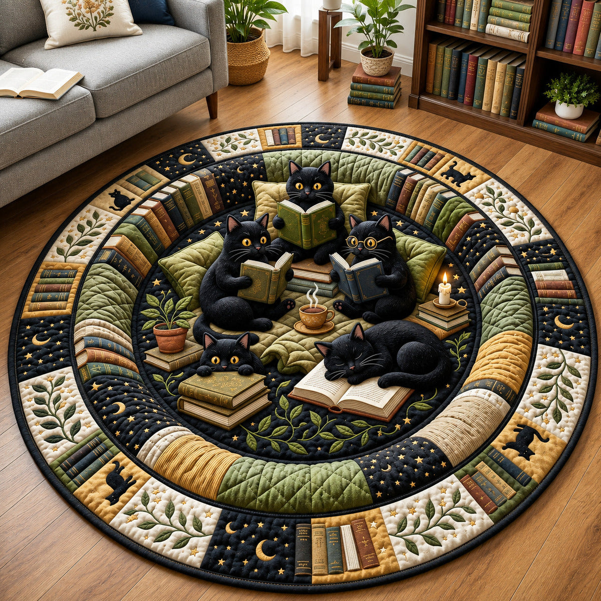 Black Cat Reading Circle Round Mat Rug - Non-Slip Washable Round Rug for Bedroom & Nursery