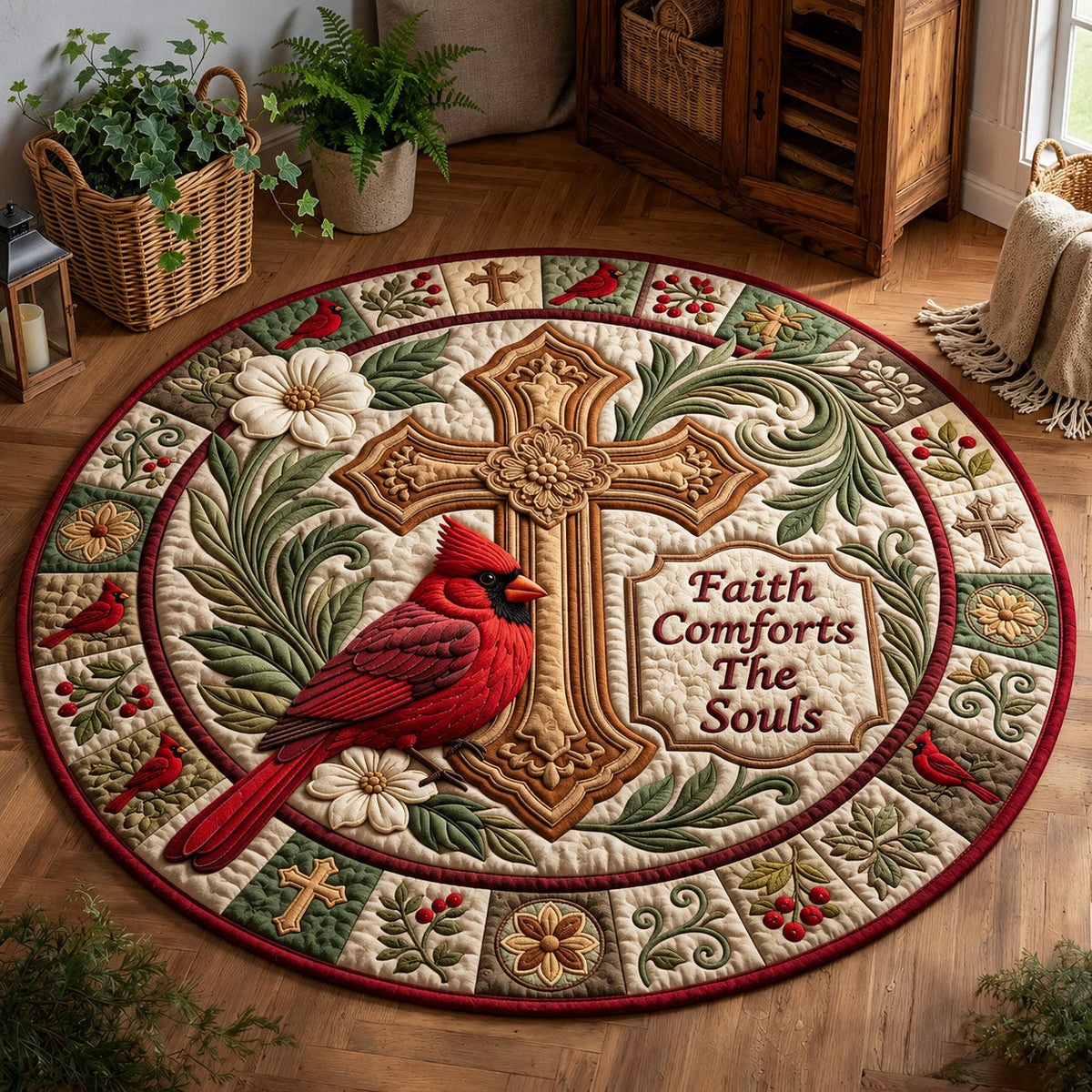 Faith Comforts Cardinal Cross Round Mat Rug - Non-Slip Washable Round Rug for Bedroom & Nursery