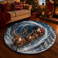 Reindeer Snowstorm Sleigh Round Mat Rug - Non-Slip Washable Round Rug for Bedroom & Nursery